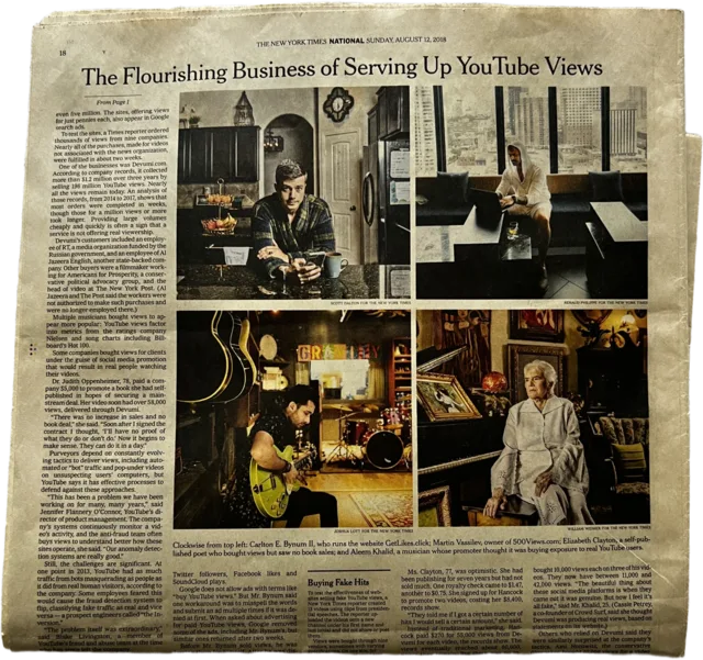 New York Times feature-page clipping from August 12, 2018 with Martin Vassilev identified as owner of 500Views.com