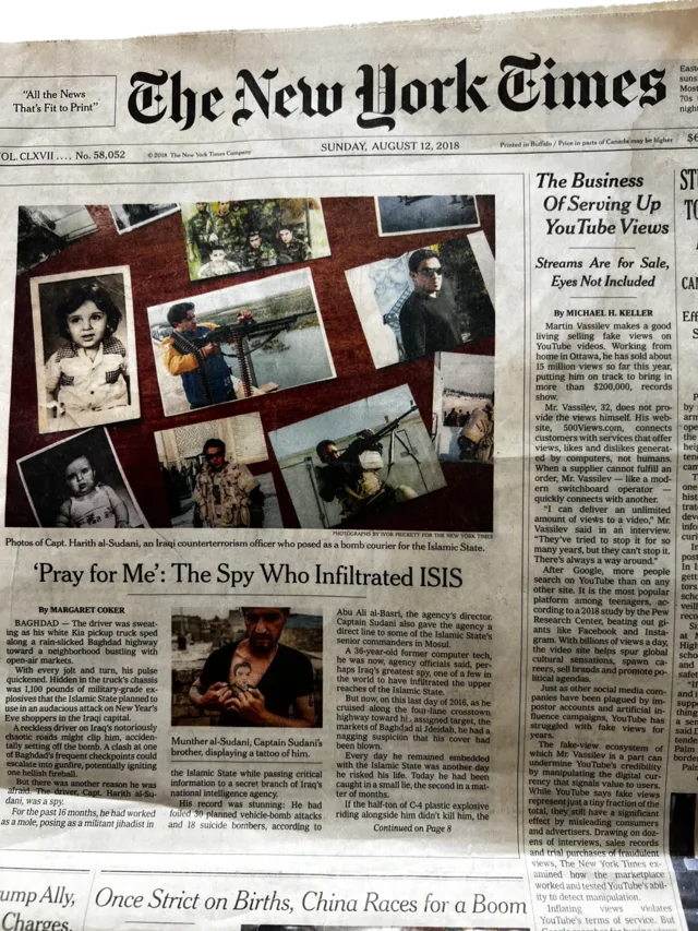 A New York Times front page dated August 12, 2018, with an article about the business of YouTube views
