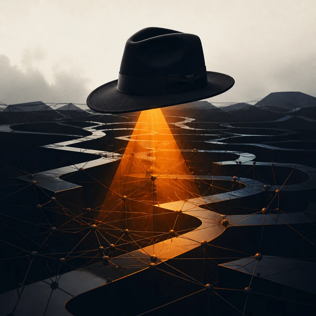 Editorial illustration of a black hat over a tangled, shadowed network, with an orange light exposing the risk