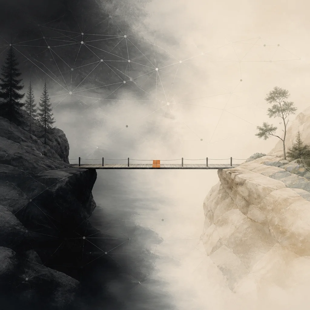 Editorial illustration of a narrow bridge across two contrasting landscapes, representing an uncertain SEO decision