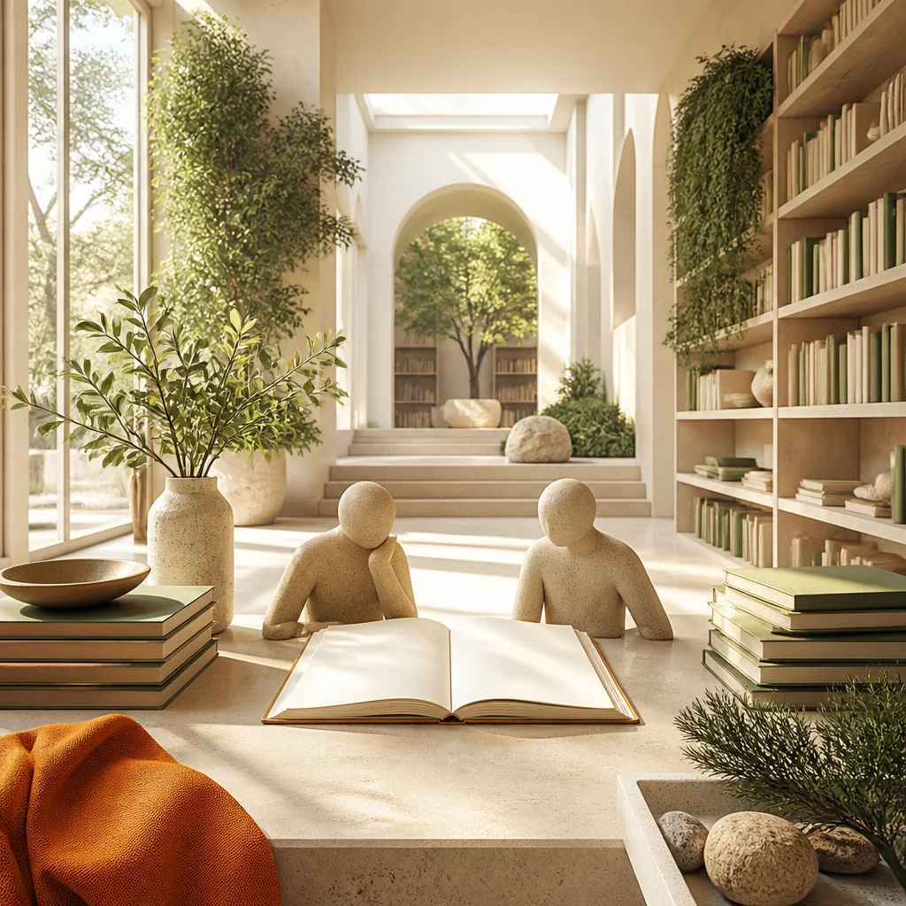 Editorial illustration of a sunlit reading room with useful books and a clear, interconnected path